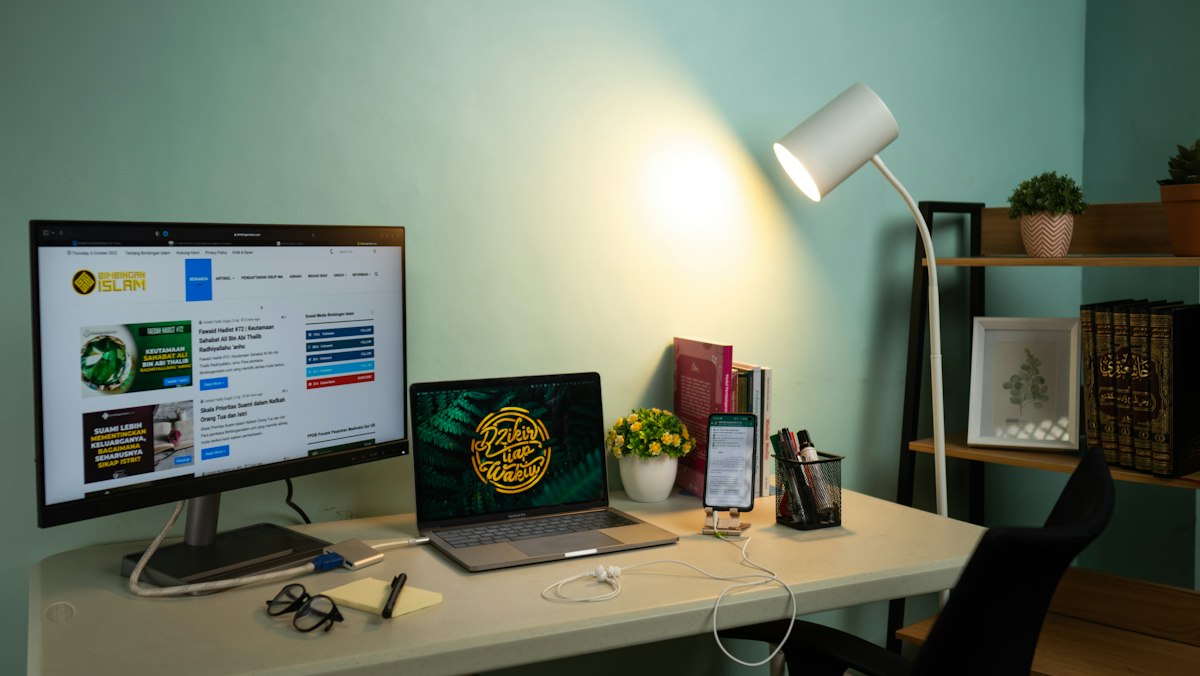 Professional home workspace with proper lighting setup